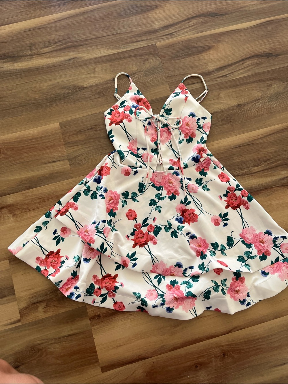 Papaya Cream Floral Spaghetti-Strap Fit & Flare Dress with Pink Roses